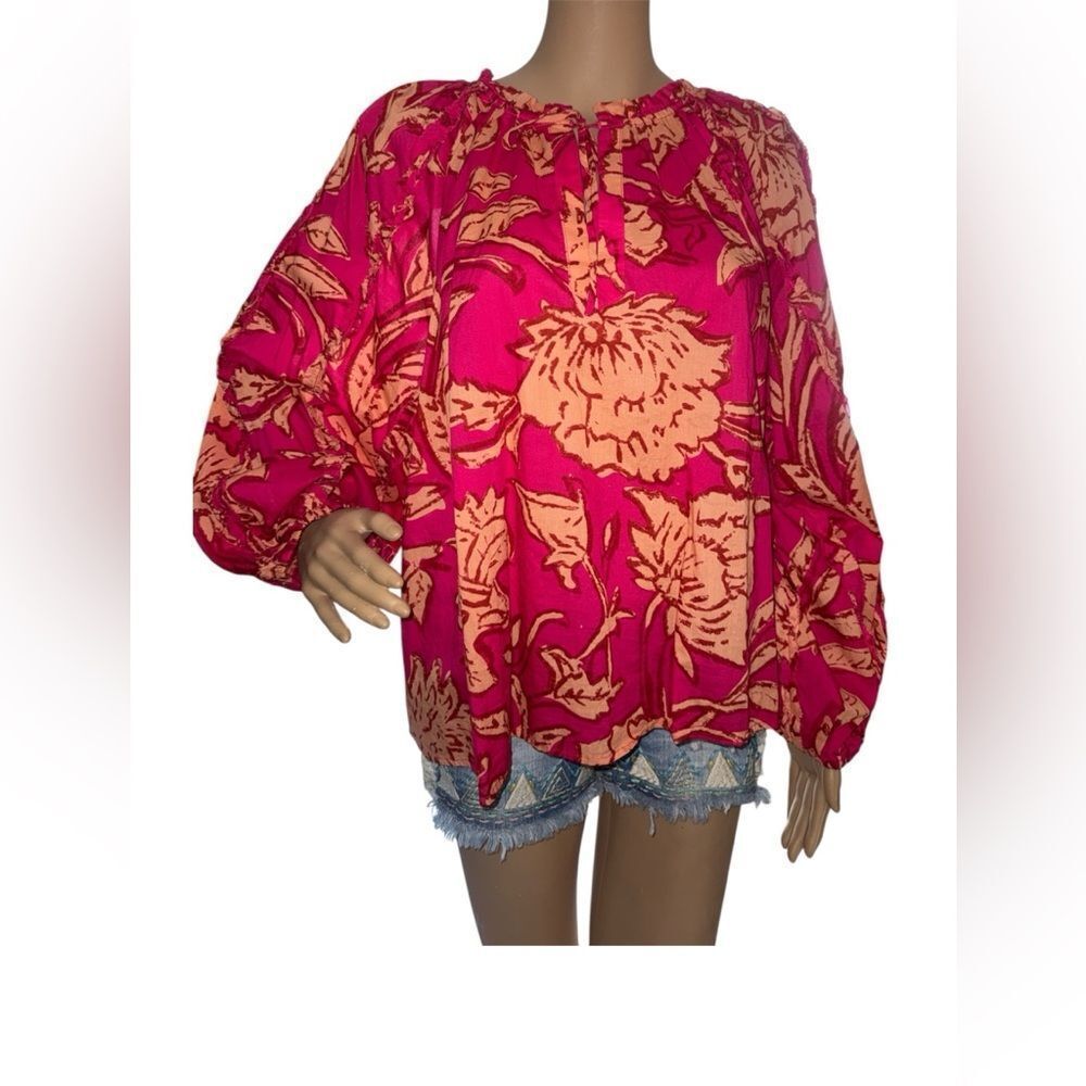 Elegant vibrant Pink orange smocked Neck Tie Floral Women's Blouse